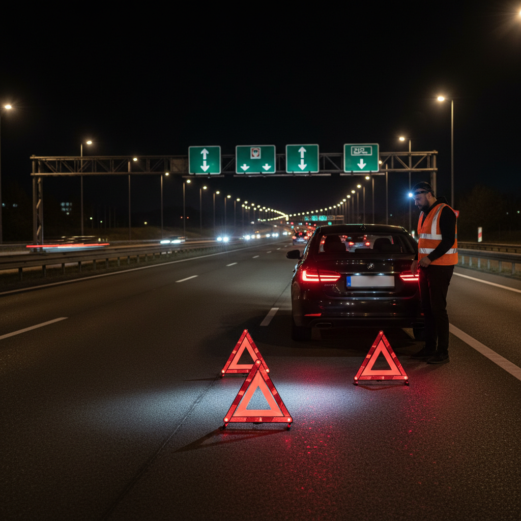 Roadside safety setup with reflective triangles and headlamp