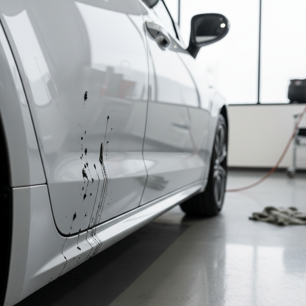 Tar spots on a car rocker panel close-up before cleaning