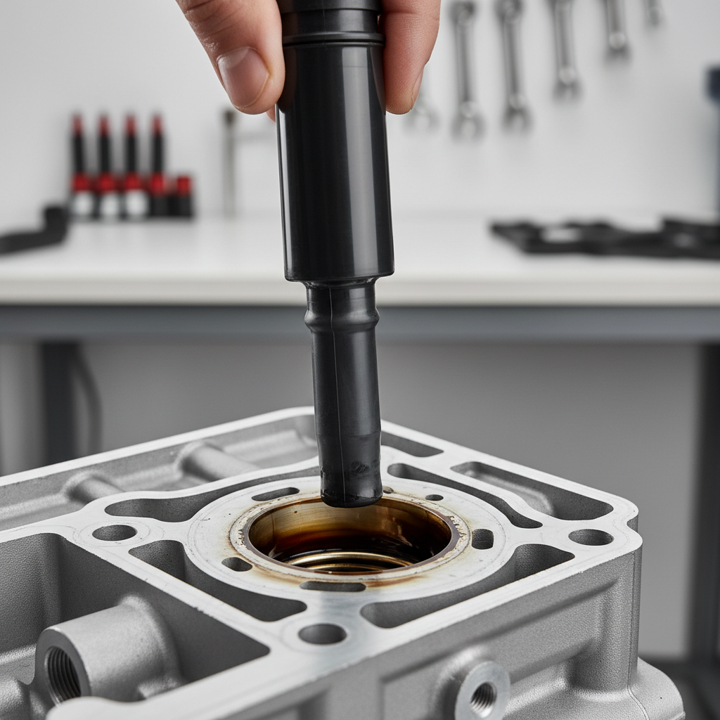 Ignition coil on spark plug with oil in plug well causing misfire symptoms