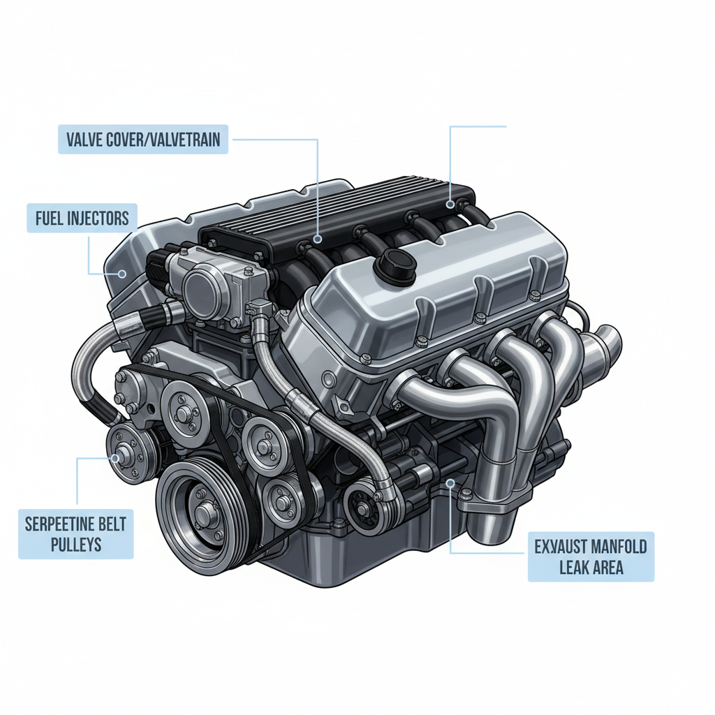 Diagram-style view of common ticking noise sources in an engine bay