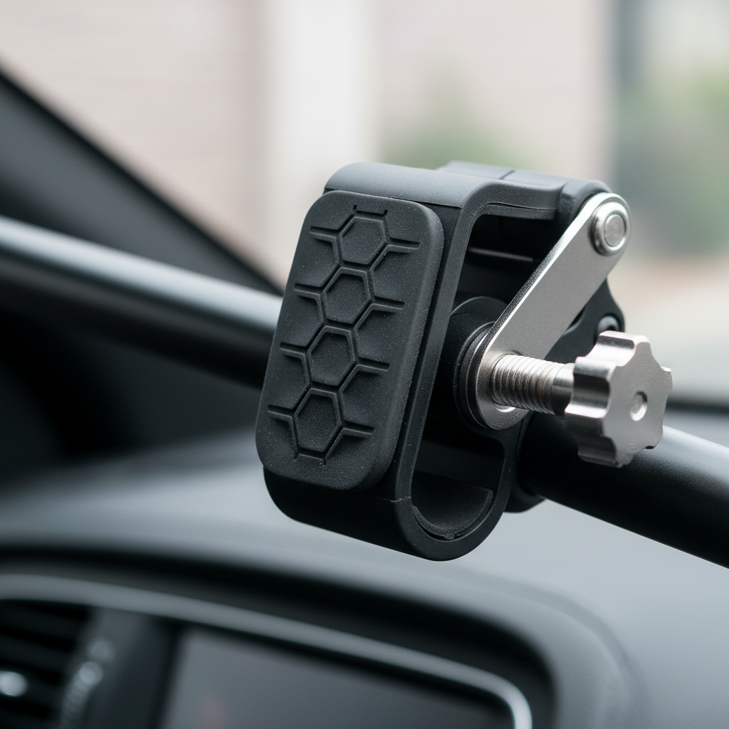 Close-up of clamp and anti-slip pad on rearview mirror phone holder for stability