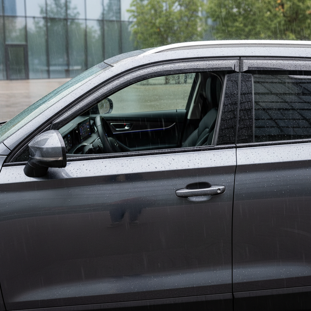 Car side window slightly cracked under window vent visor during light rain for fresh airflow