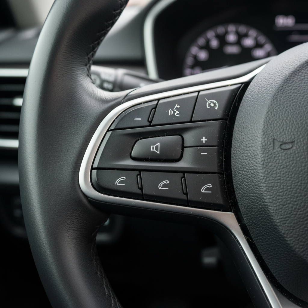 Close-up of sticky steering wheel buttons on a car