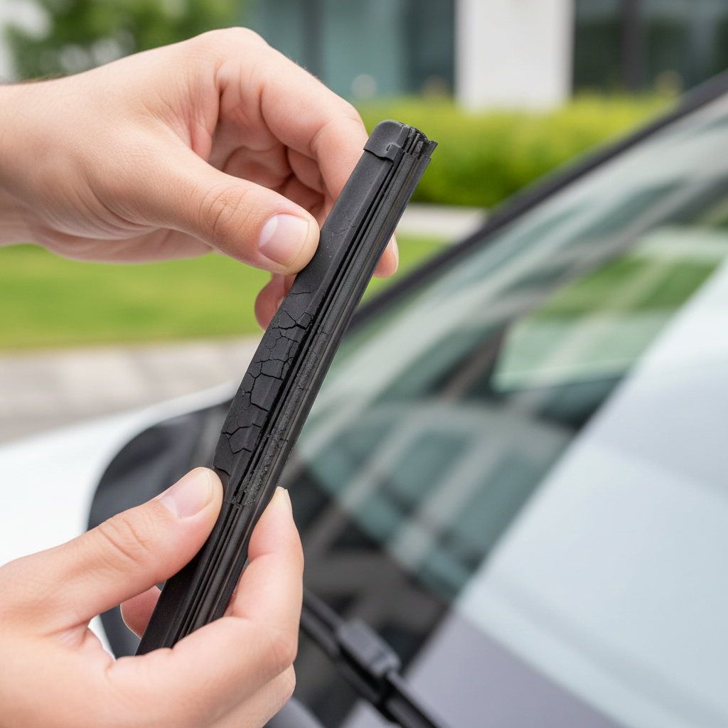 Hands inspecting worn beam wiper blade rubber edge for cracks and hardening