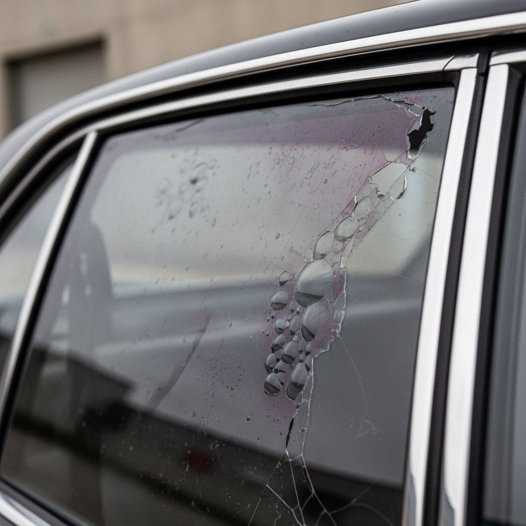 Old bubbling window tint film on car side glass close-up