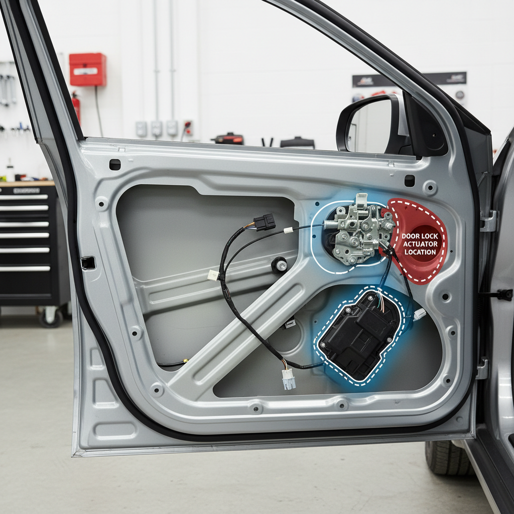 Car door inner panel removed showing lock actuator location