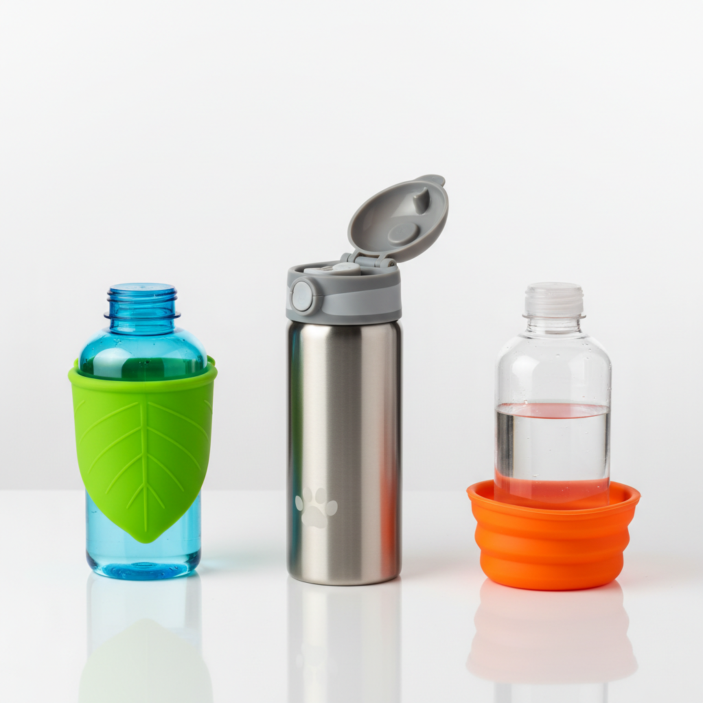 Comparison of dog travel water bottle styles on a clean tabletop