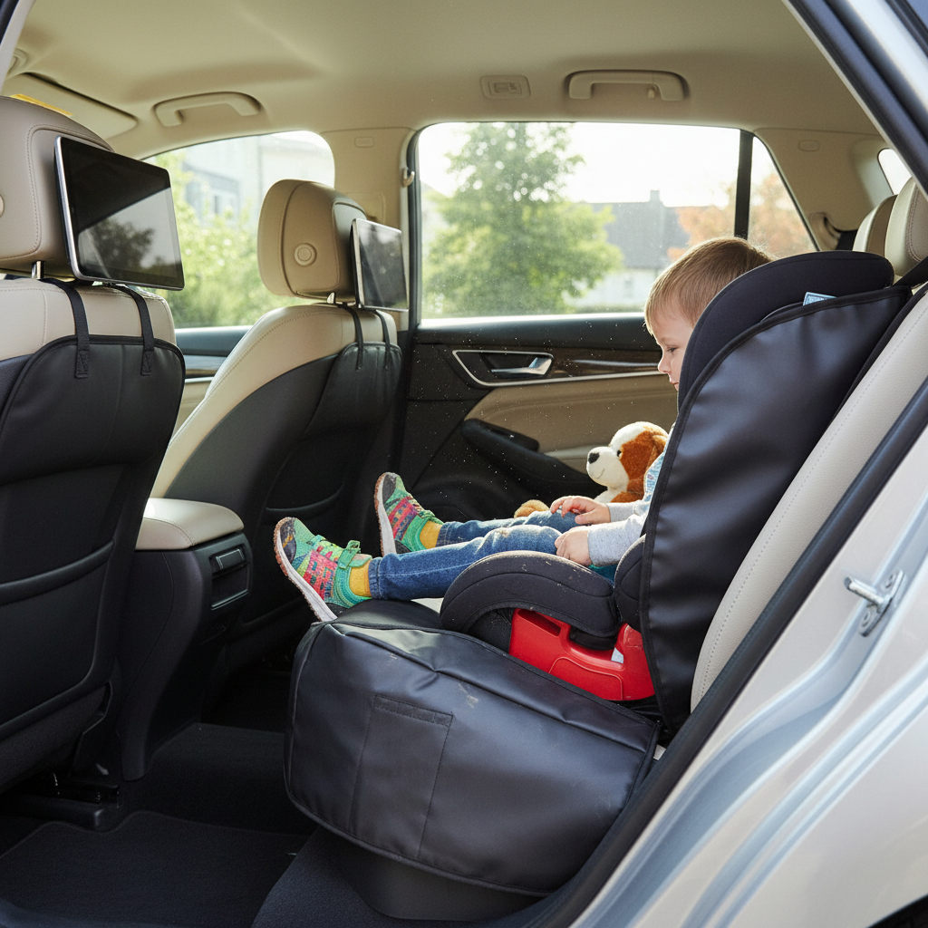 Child in back seat with muddy shoes kicking the seat back protector