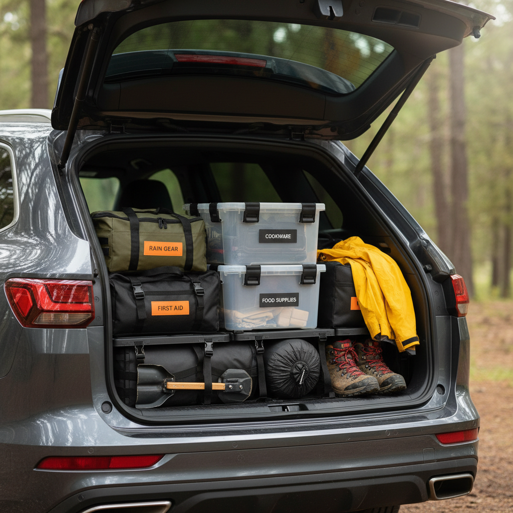 Waterproof car storage bags organizing camping gear in an SUV trunk