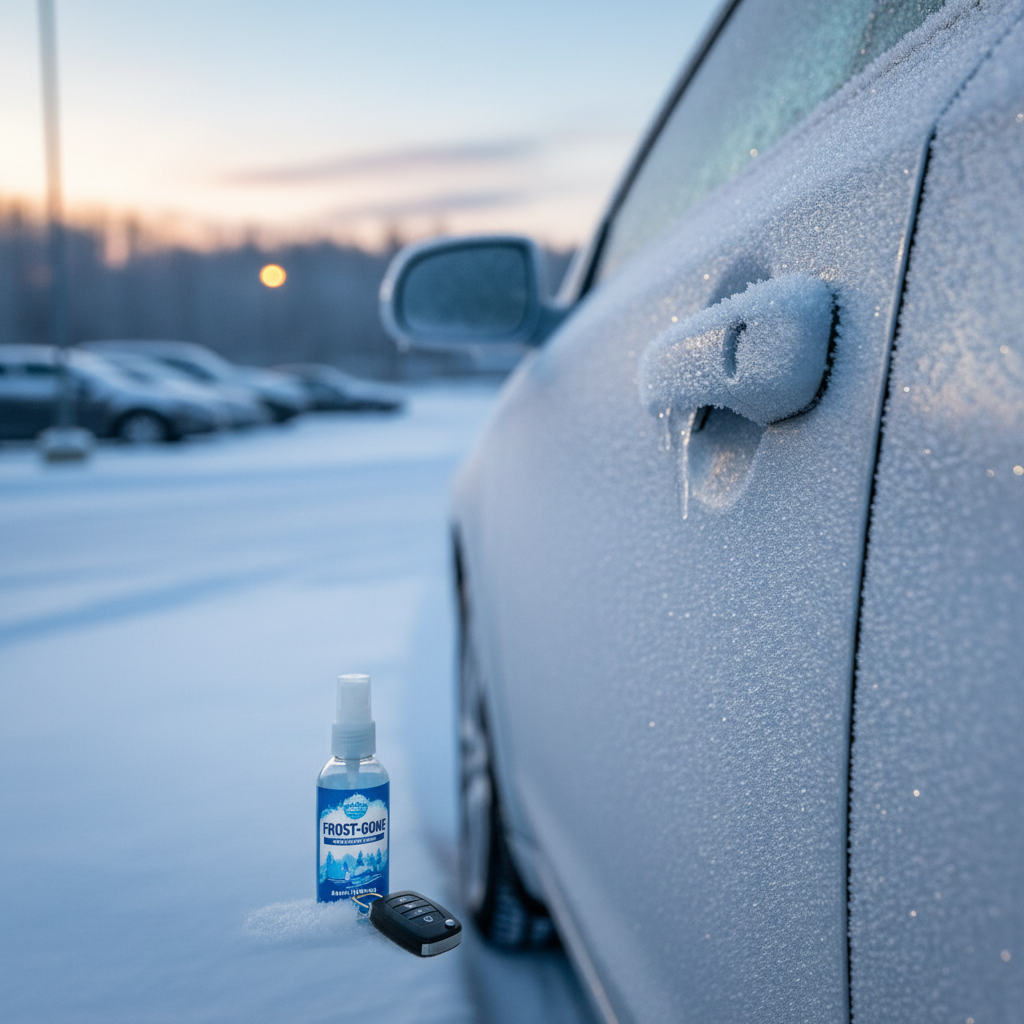 Frozen car door lock in winter with de-icer bottle nearby