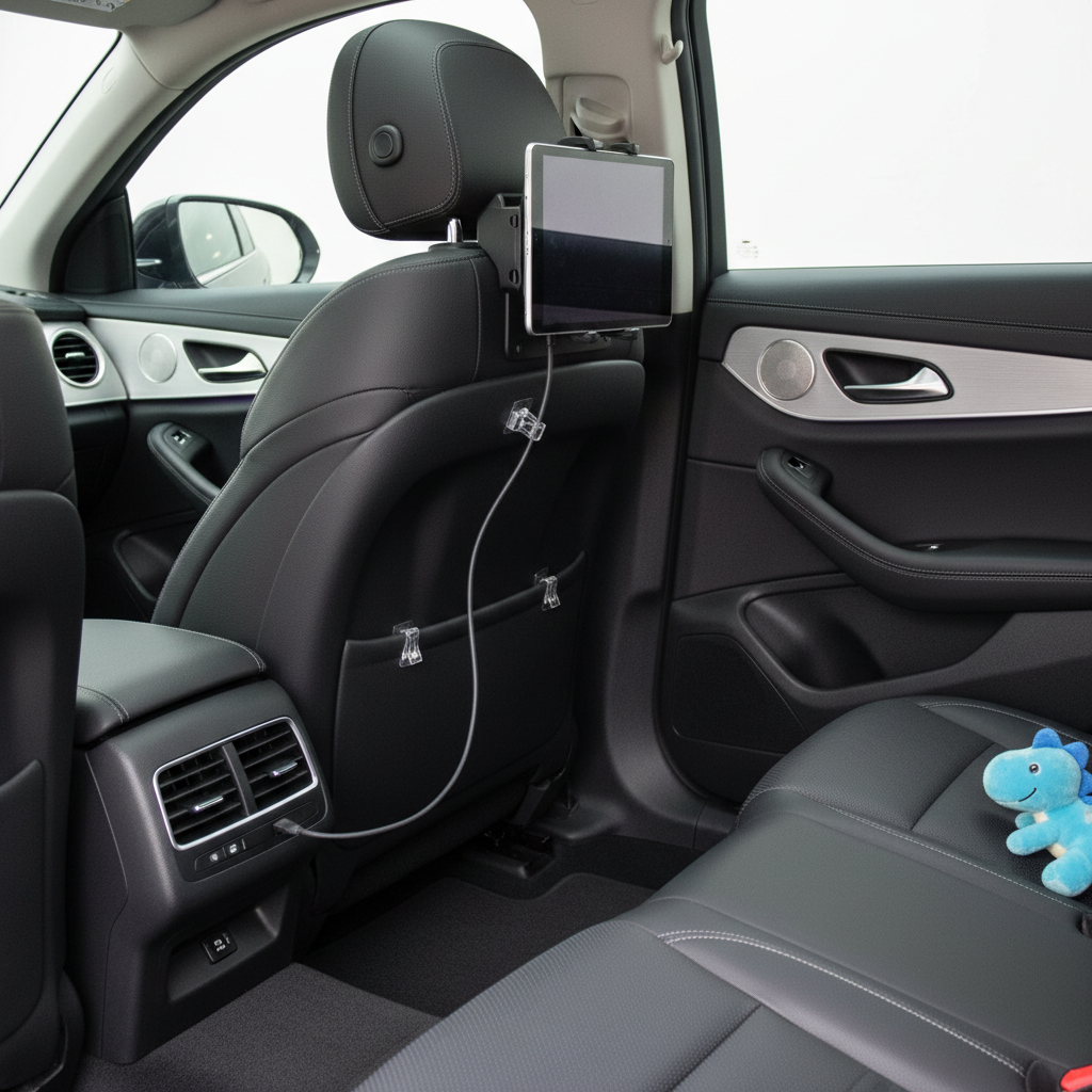 Safe cable routing and secure tablet mount in back seat of car