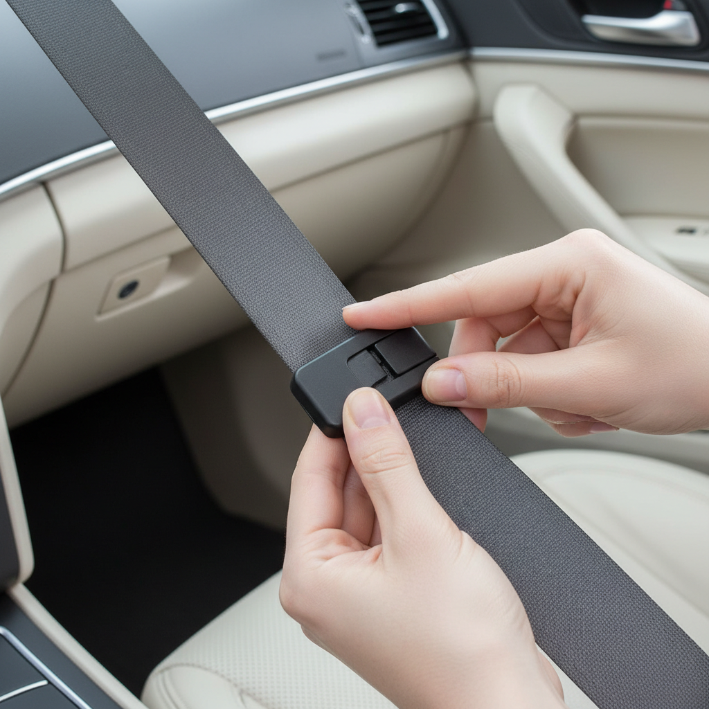 Hands installing a low-profile seat belt adjuster clip on a car shoulder belt
