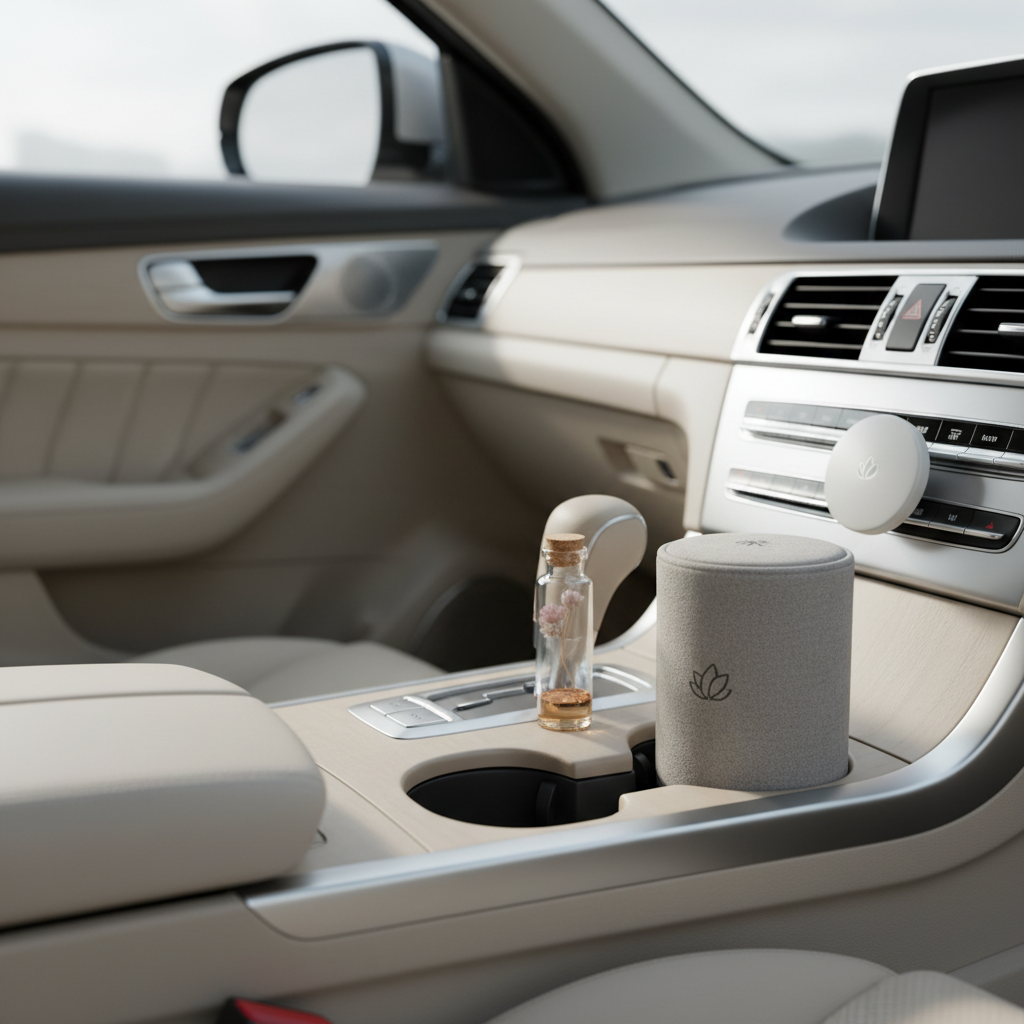 Natural car air freshener options on a clean car center console