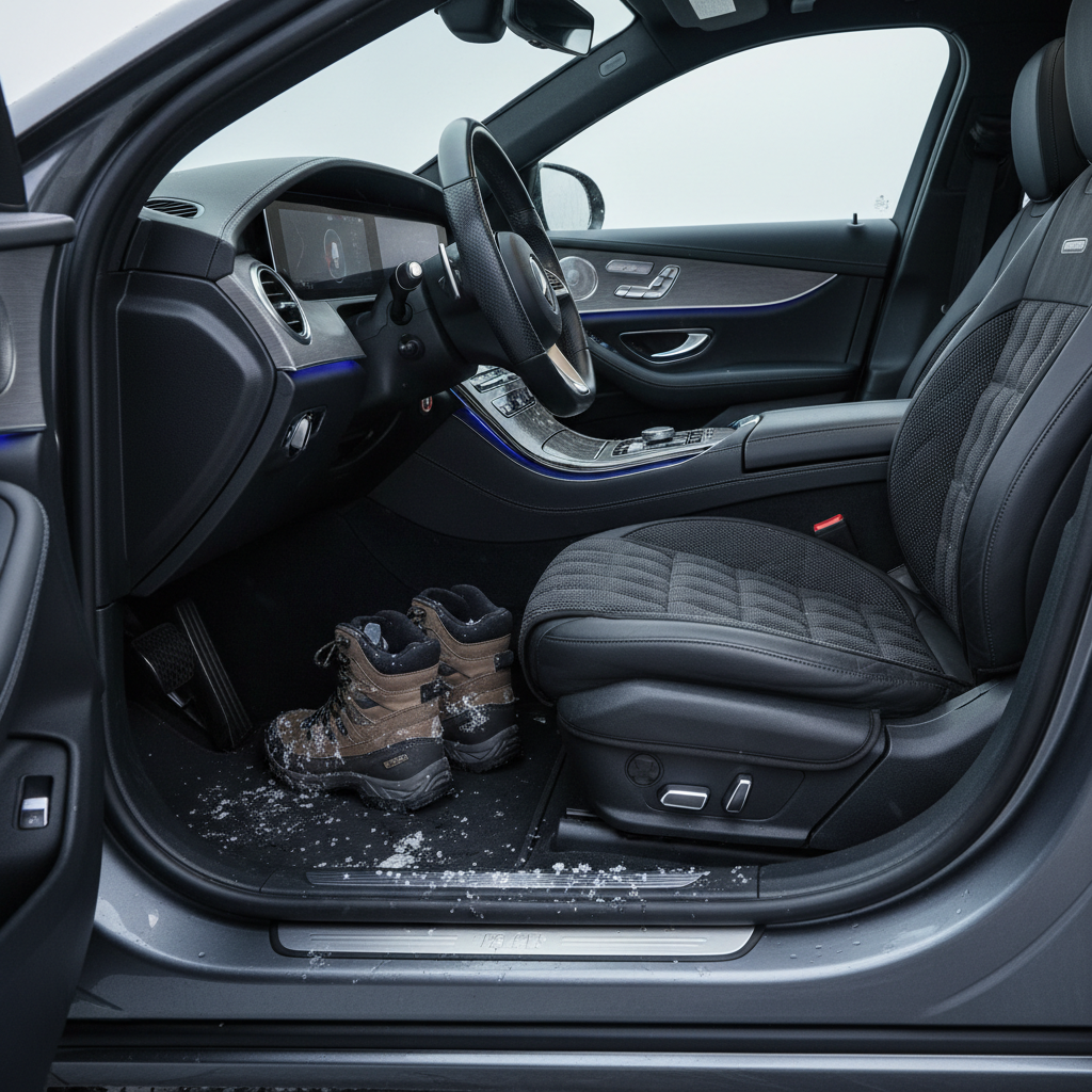 Waterproof winter car seat cover protecting a front seat from snow and slush