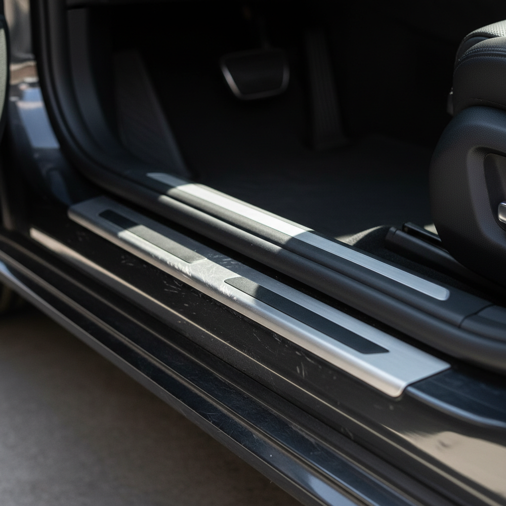 Car door sill with visible scuff marks near the entry area