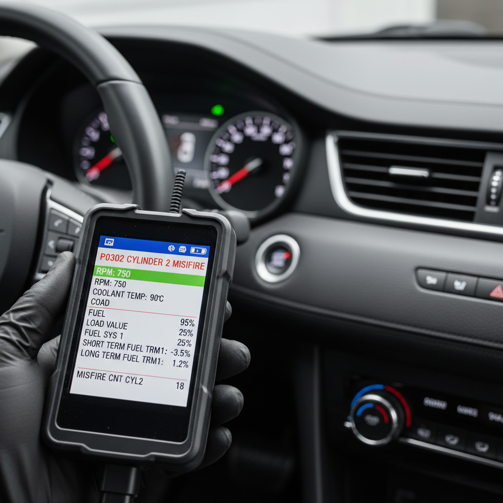 OBD2 scan tool showing misfire code P0302 and live data