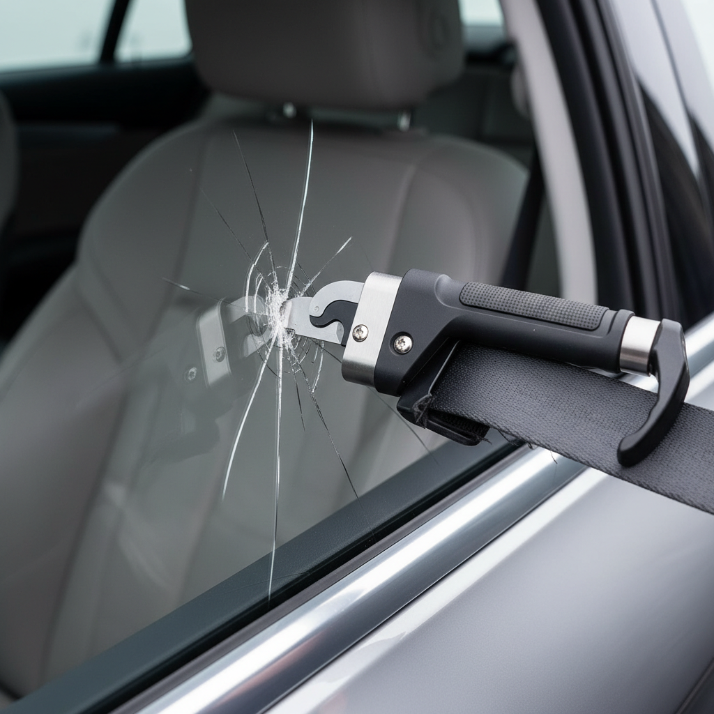 Emergency escape tool breaking a car side window and cutting a seatbelt