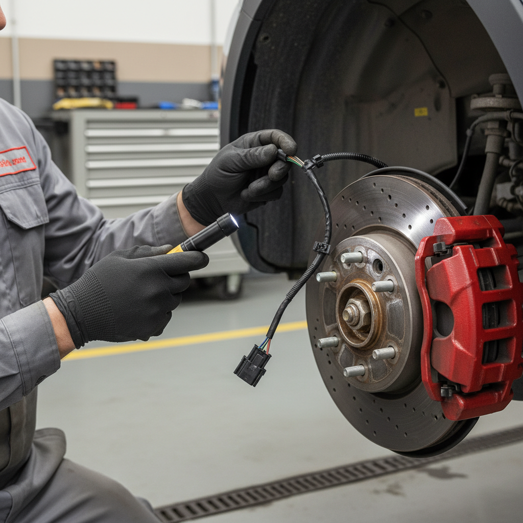 Technician inspecting wheel speed sensor wiring and connector near the wheel hub