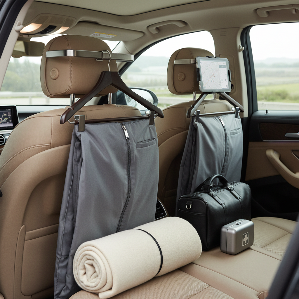 Organized car back seat with pants hangers and garment cover for travel