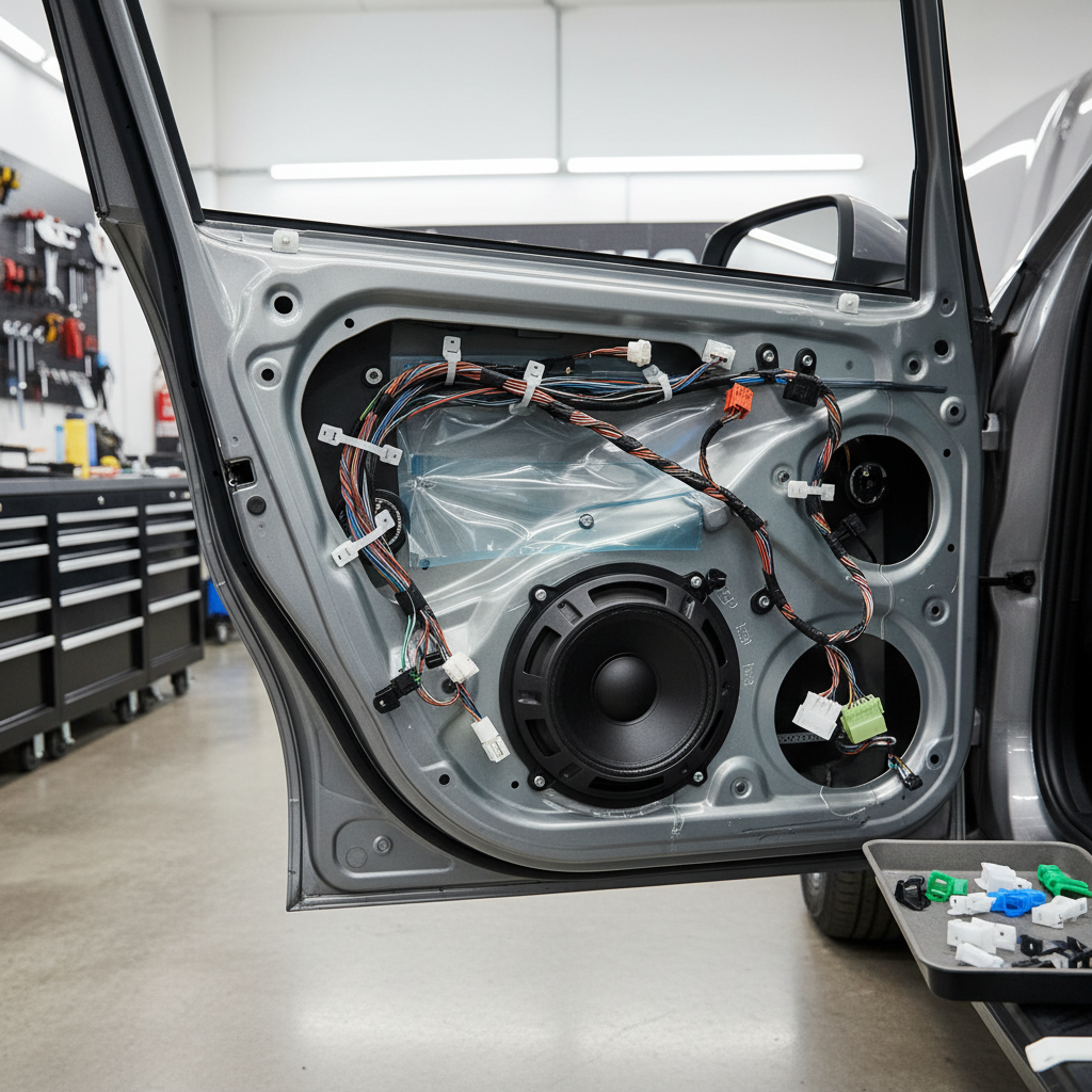 Door panel removed showing speaker, clips, and wiring harness for rattle repair