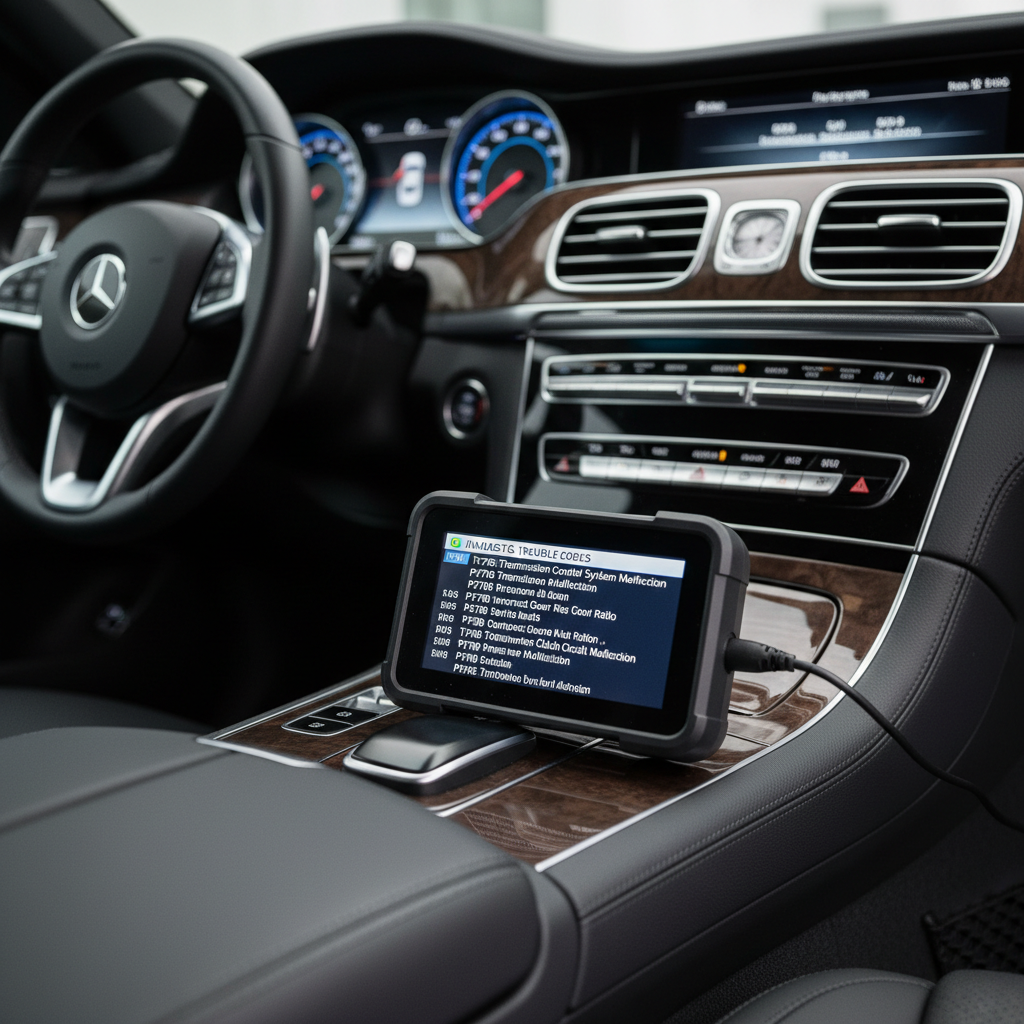 OBD-II scan tool reading transmission and engine codes in a car