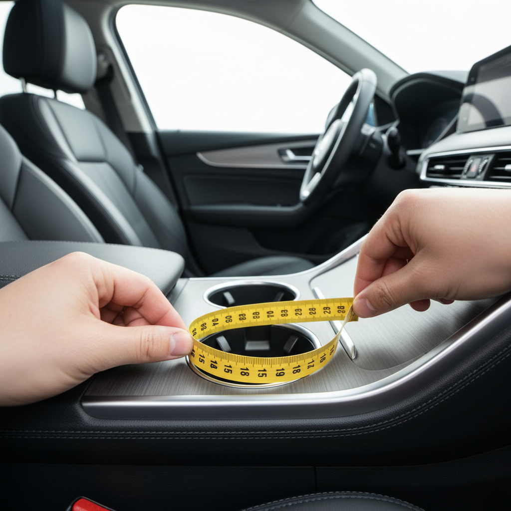 Measuring a car cup holder diameter with a tape measure for selecting an insert