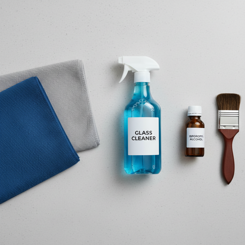 Microfiber towels and glass cleaner setup for cleaning car interior windows