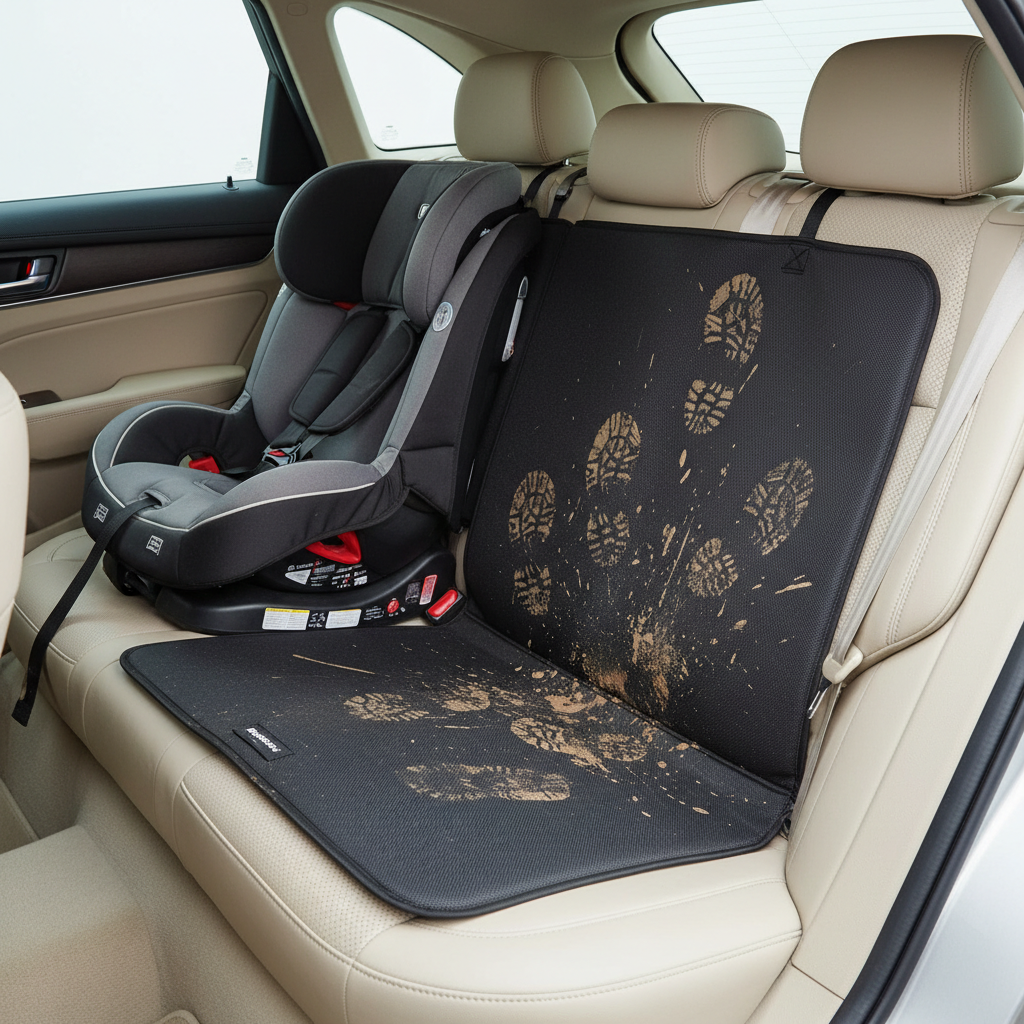 Rear seat kick mat installed behind a child car seat to protect the seatback from muddy shoe prints
