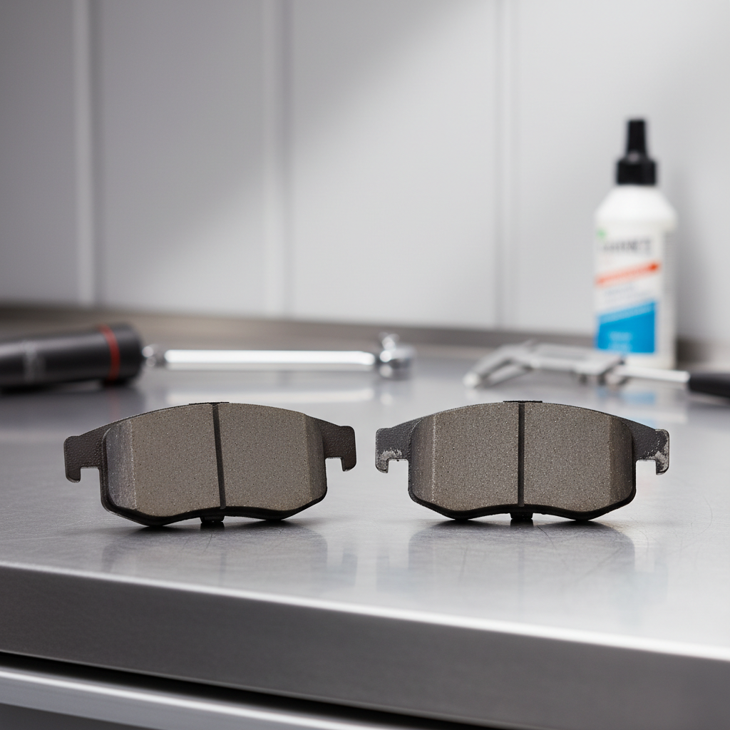 Uneven brake pad wear comparison showing inner pad thinner than outer pad