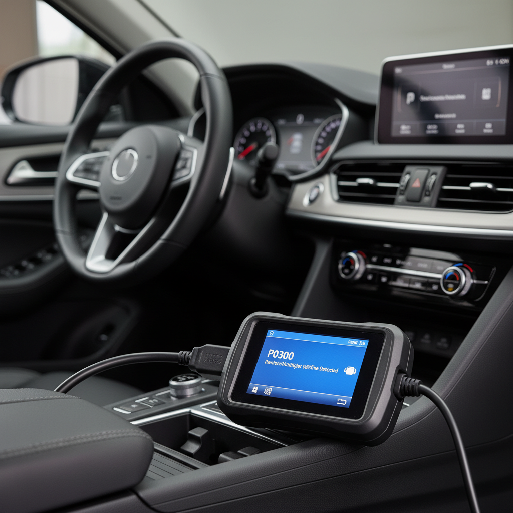 OBD2 scanner showing misfire code P0300 on dashboard