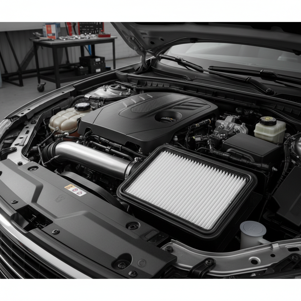 Performance car engine bay showing air intake box and panel air filter