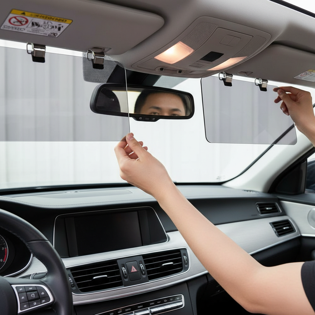 Driver installing an extra wide sun visor extender safely with clear mirror and sensor area