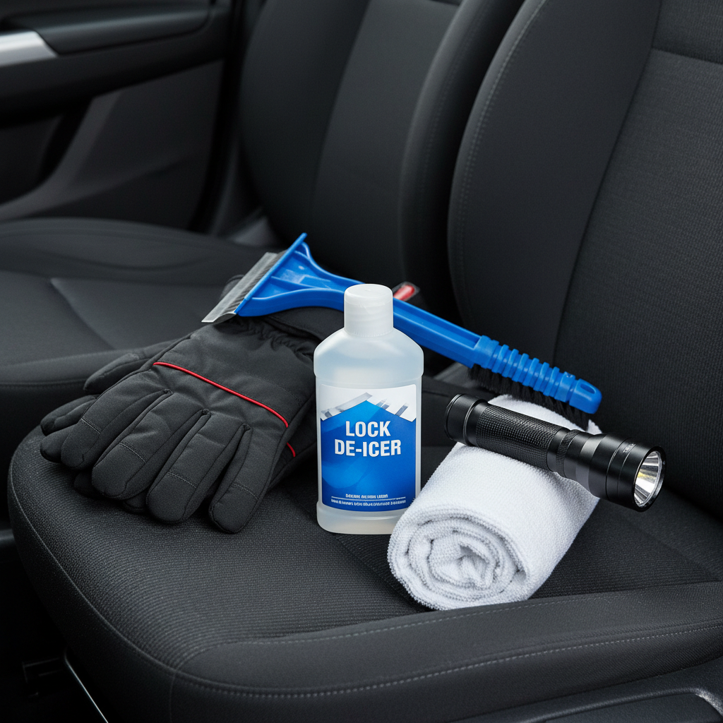 Winter car emergency kit with lock de-icer and gloves on a seat