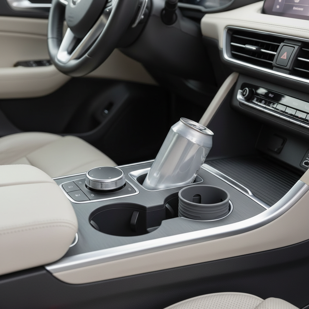 Small can wobbling in an oversized car cup holder with an insert nearby