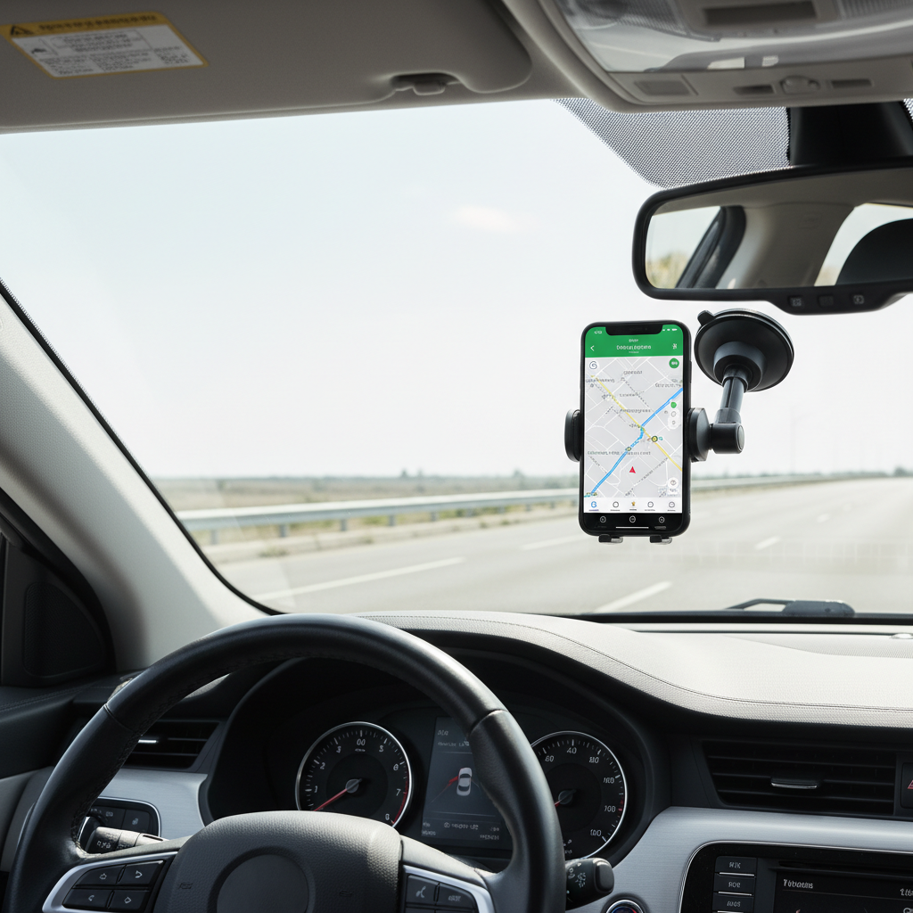 Driver view showing stable phone position near rearview mirror without blocking windshield