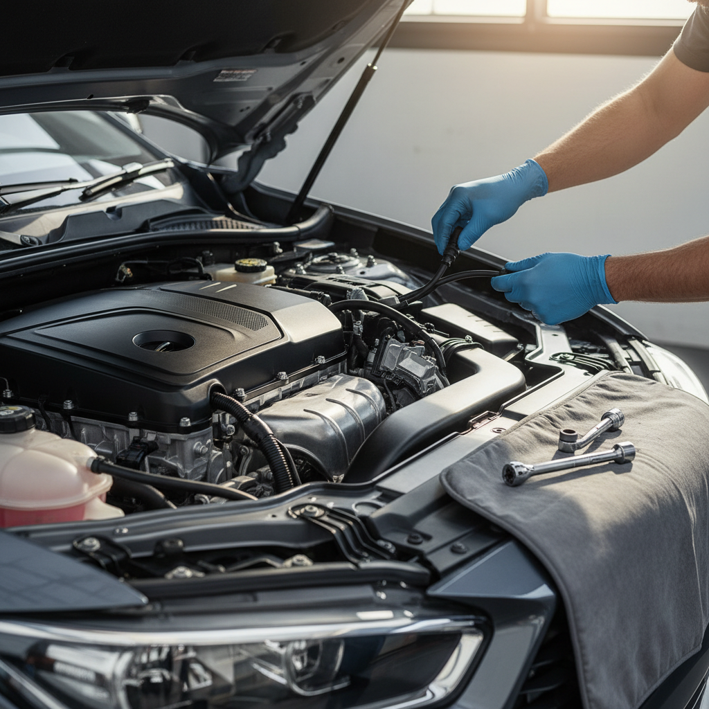 Mechanic inspecting spark plug wires on a car engine bay