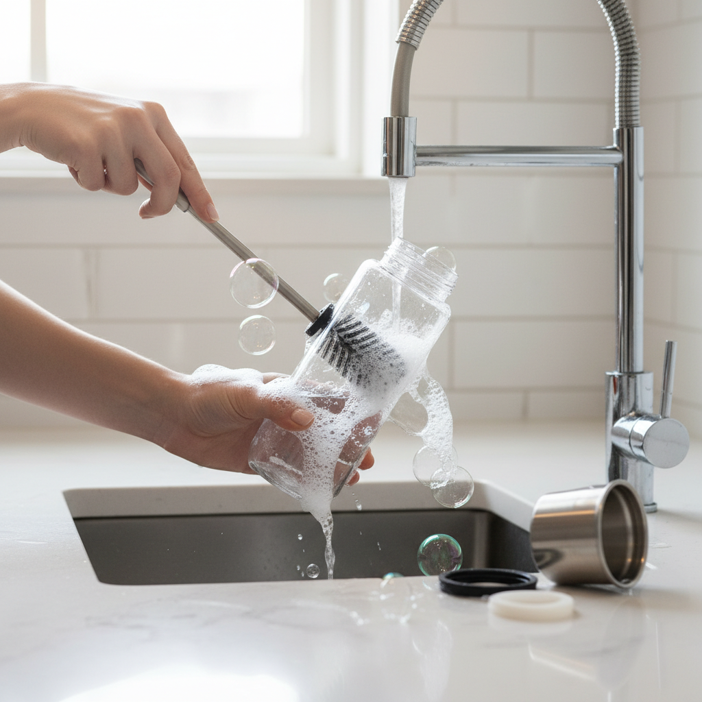 Hands cleaning a dog travel water bottle with a bottle brush in a kitchen sink