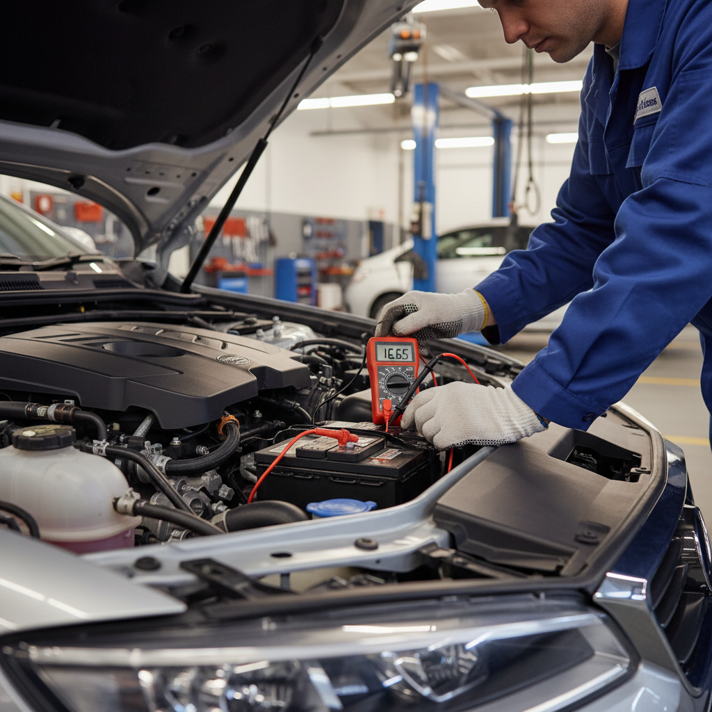 Mechanic testing car battery voltage with multimeter under hood