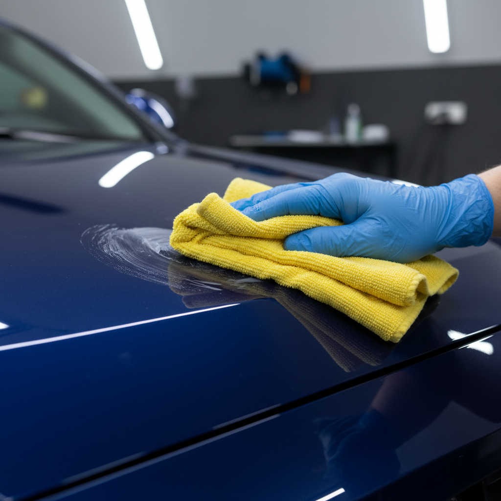 Hand using microfiber towel and adhesive remover to clean decal glue on car paint