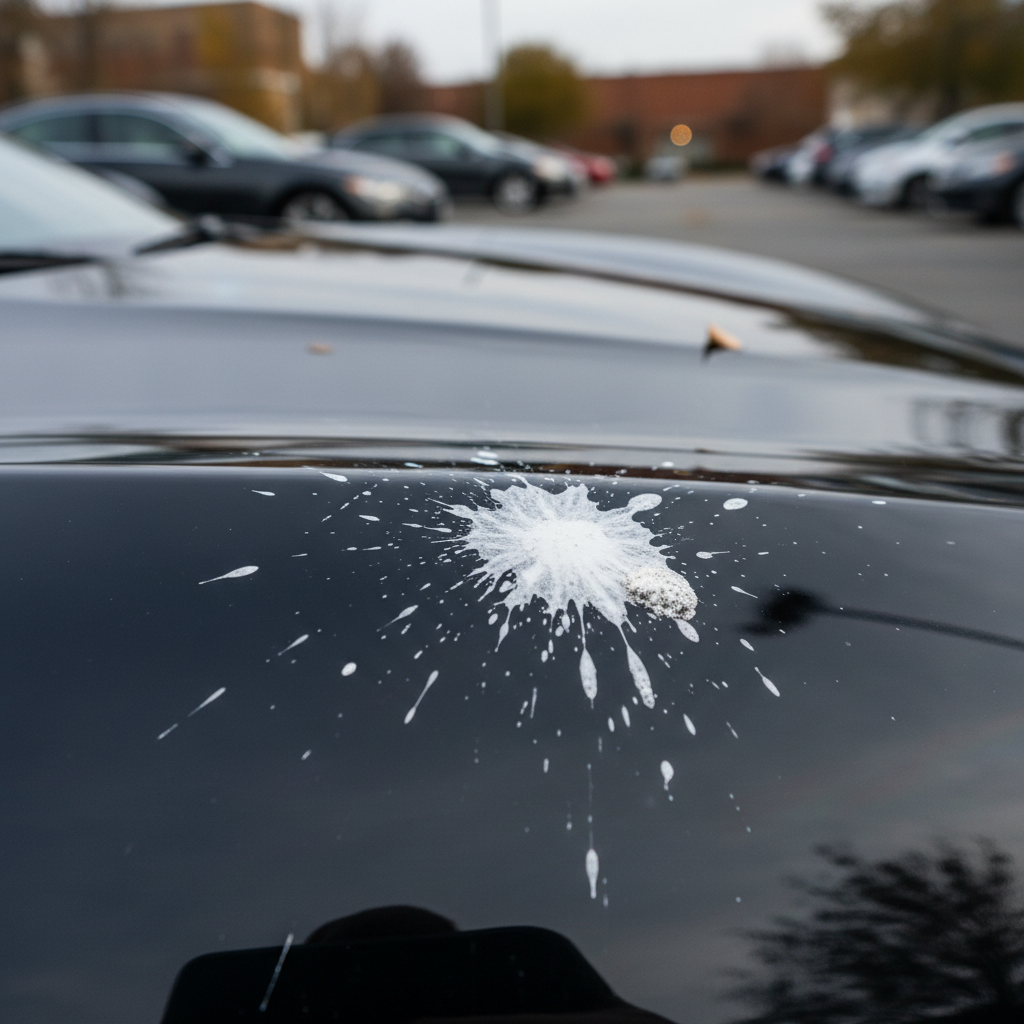 Bird droppings on car paint close-up showing risk of etching