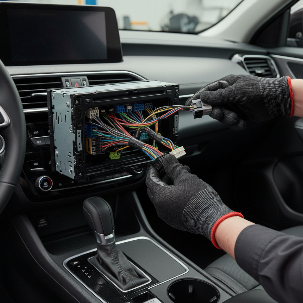 Car stereo head unit pulled slightly to inspect wiring harness