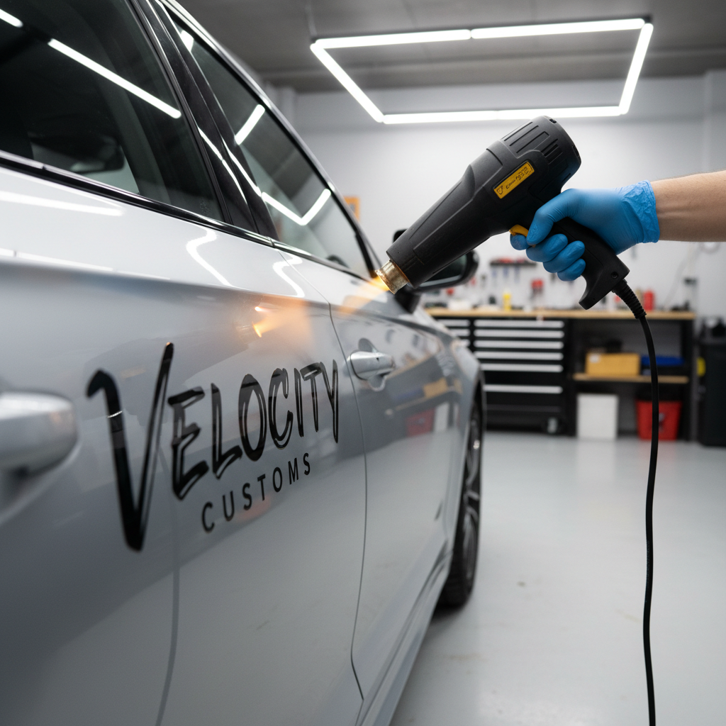 Heating a vinyl car decal with a heat gun at safe distance
