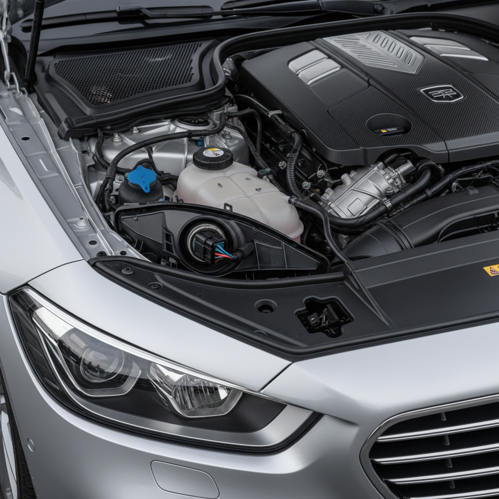 Open car hood showing headlight housing and bulb access area
