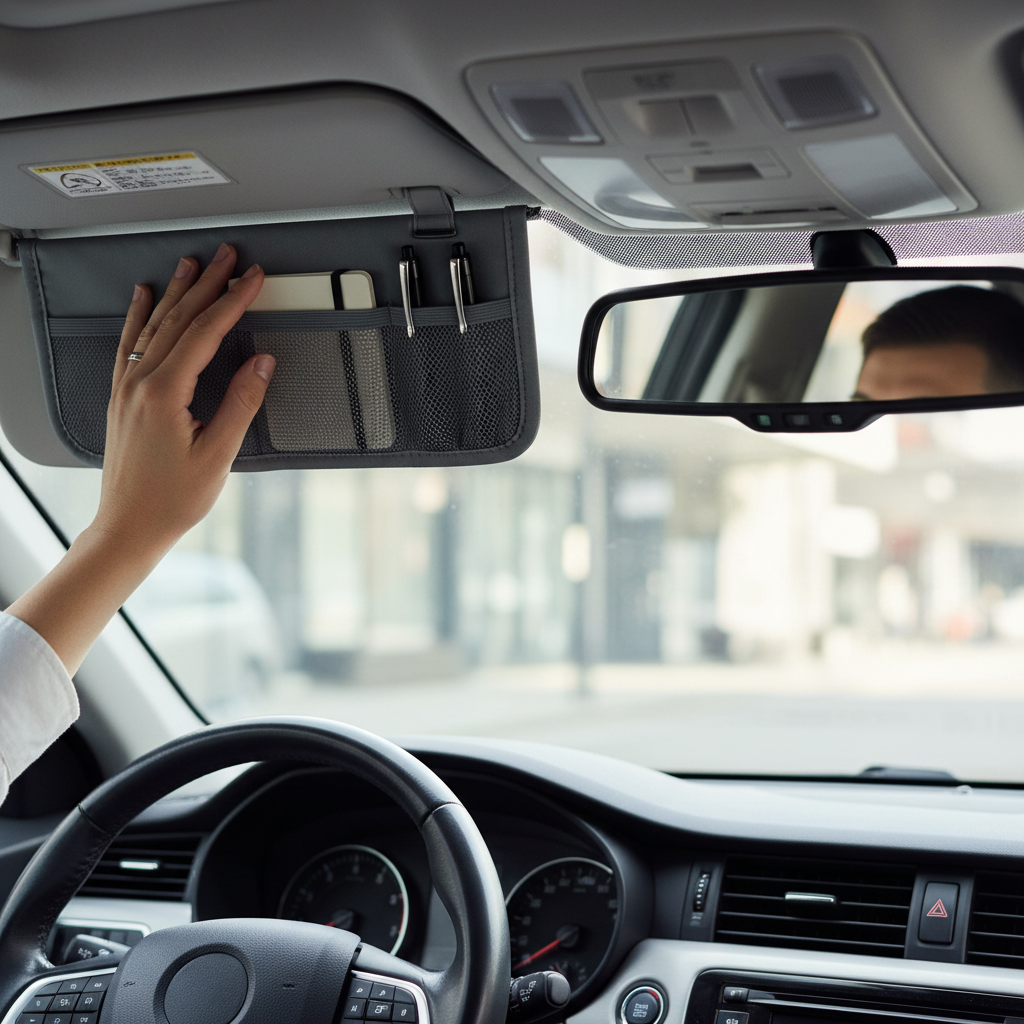 Driver adjusting sun visor with organizer installed, ensuring mirror visibility and safe placement
