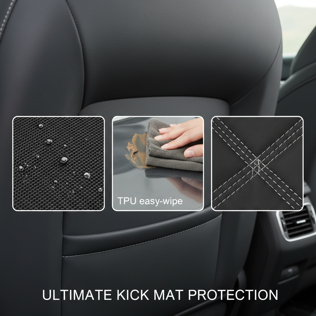 Comparison of kick mat materials like waterproof oxford fabric and easy-wipe TPU on a car seatback