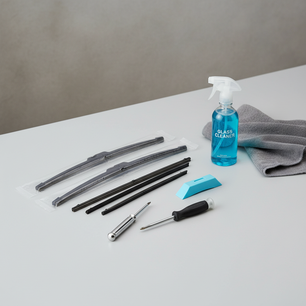 Wiper blade refill tools laid out including screwdriver microfiber towel and replacement insert