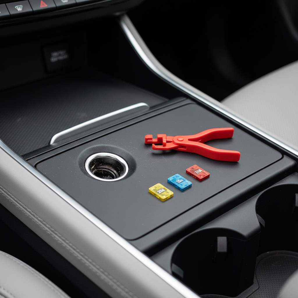 Close-up of a 12V car socket showing debris and a fuse puller nearby