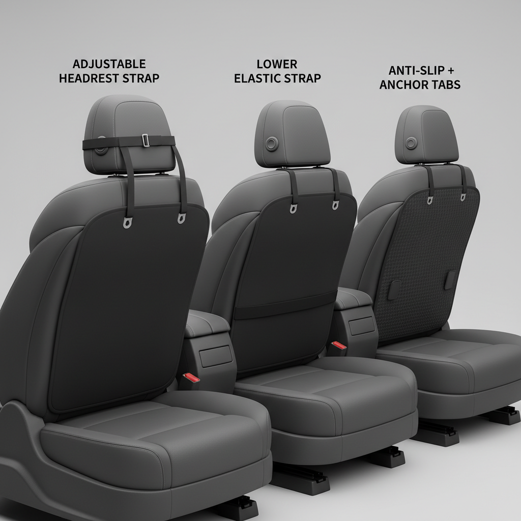 Comparison of car seat back protector attachment methods straps buckles and anchors