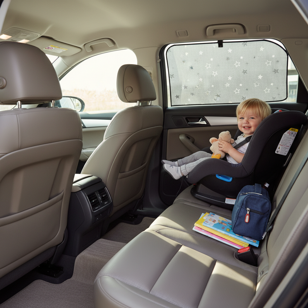 Child sitting in a car seat with a rear side window sun shade installed