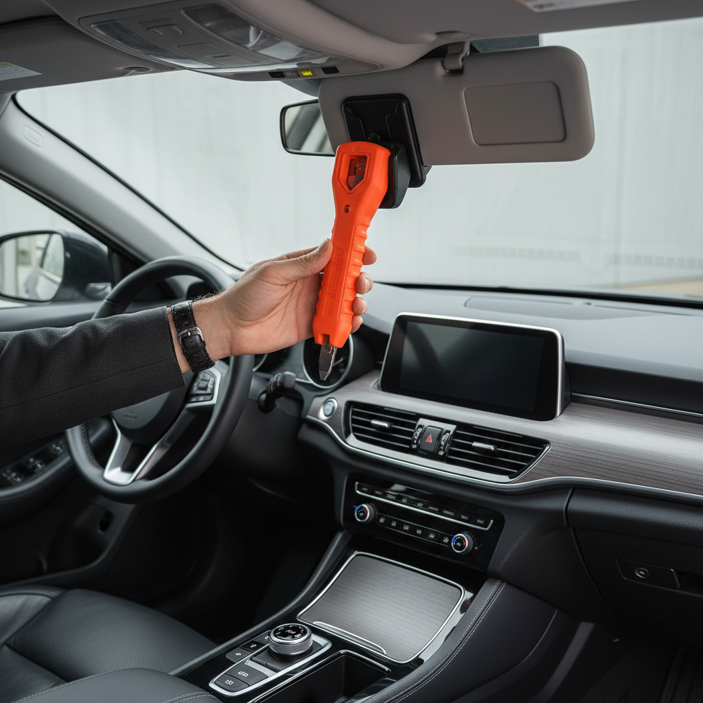 Car escape tool mounted on vehicle visor or center console within driver reach